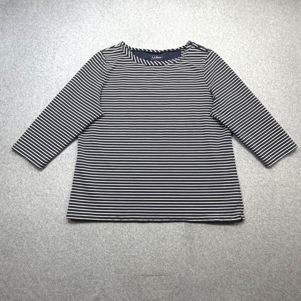 LL Bean Tee Shirt Womens XL Blue Stripe 3/4 Sleeve Boat Neck Knit Nautical Top